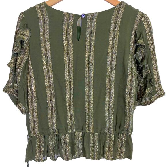 MISA Los Angeles Sedona Ruffle Blouse Womens XS Olive Green Metallic Gold Stripe - Picture 5 of 9